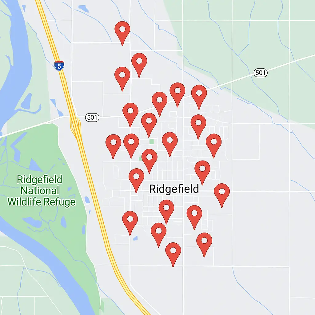 map of ridgefield washington with pins showing locations of rental properties managed by Zenith Properties NW